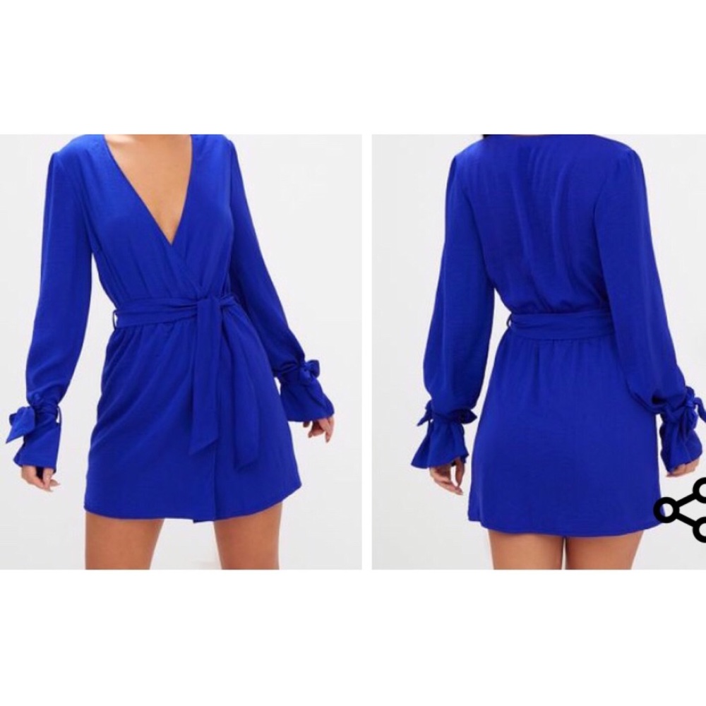 Cobalt Satin Wrap Dress with Cuff Detail